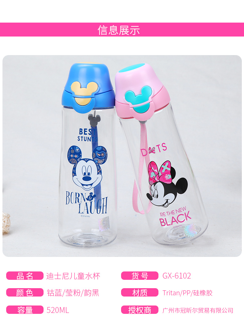 迪士尼/DISNEY 创意夏季便携随手杯子男小学生塑料水杯女带盖儿童水瓶520ML