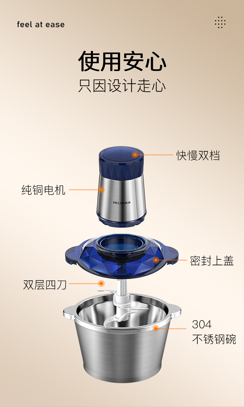 MeiLing家用电动绞肉机 不锈钢料理机 辅食搅拌研磨绞馅机碎肉切菜搅拌机 LC182