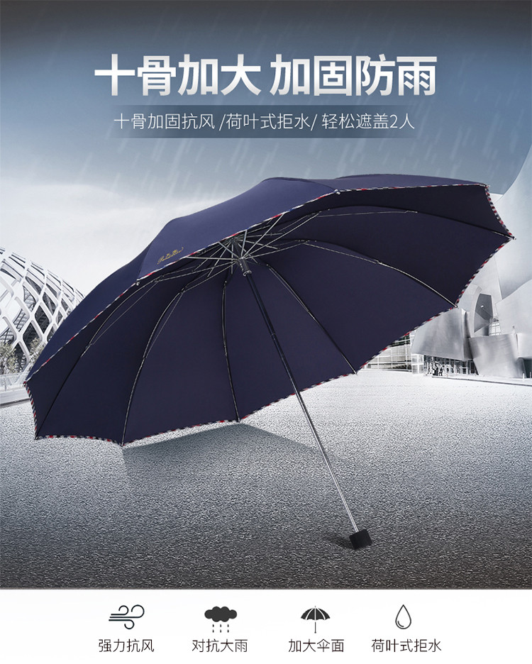 天堂伞 三折加大64cmX10骨晴雨伞 3311E 藏青色