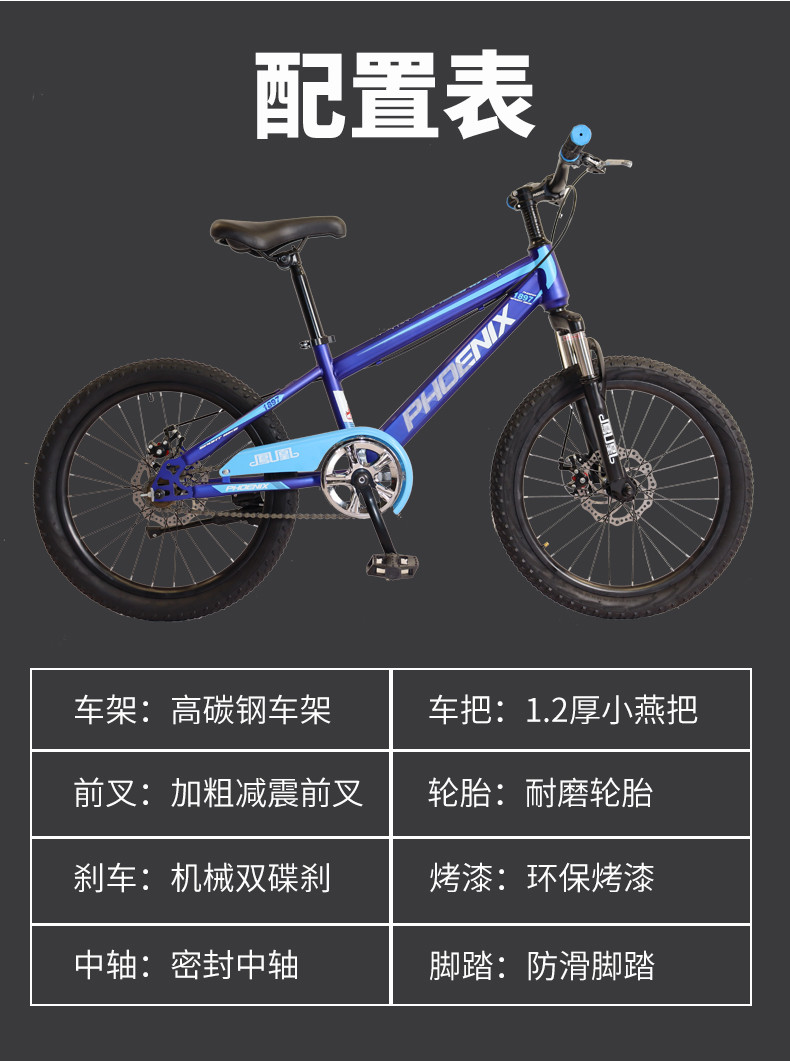 凤凰 20寸高碳钢机械双碟刹学生自行车TT-20