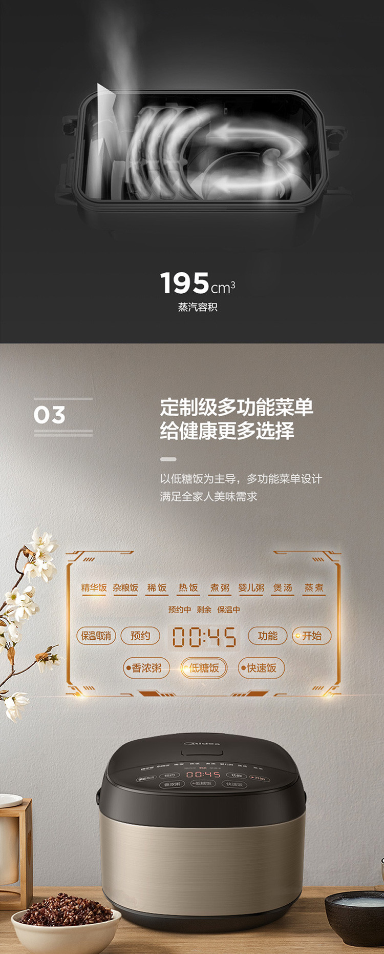 美的/MIDEA 低糖减糖养生电饭锅 4L脱糖沥糖智能预约聚能匠铜釜内胆电饭煲MB-40LR80