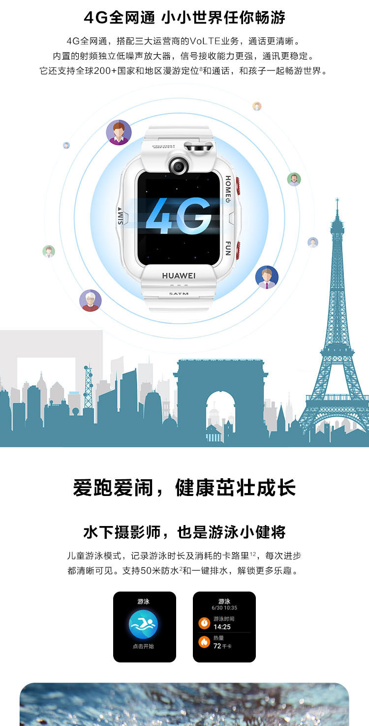 华为 儿童电话手表 4X 儿童手表 高清双摄像头 4G全网通 11重定位