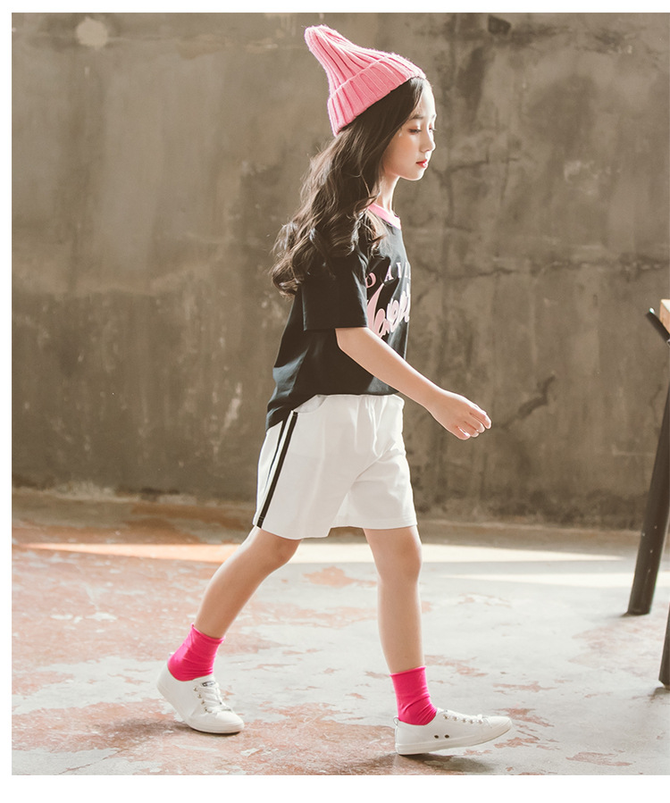 夏季新款韩版露肩女童t恤短袖字母印花打底衫童装儿童短袖t恤迈丽