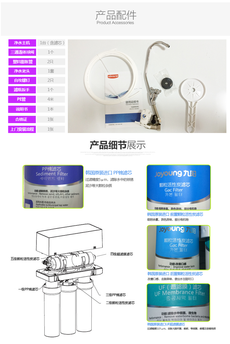 九阳JYW-HC-1583WU净水器家用直饮自来水过滤器净水机直饮五级净化超滤机