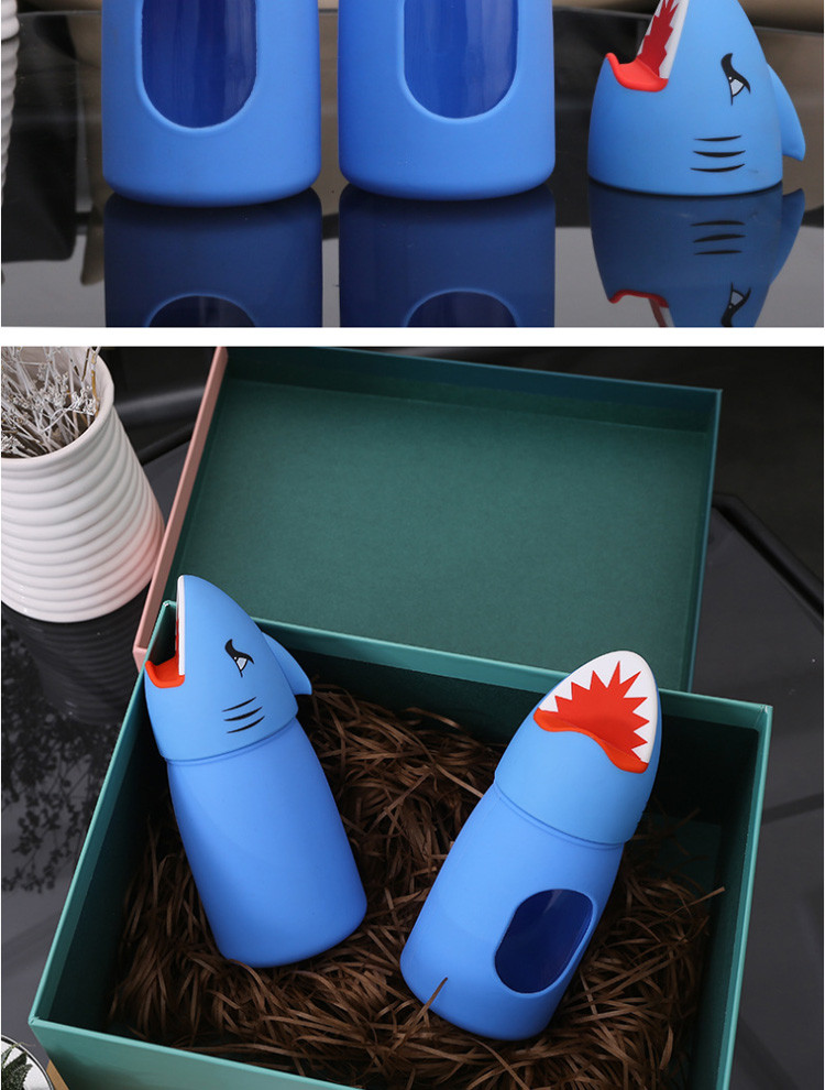 鲨鱼卡通玻璃杯手机支架创意多功能耐高温儿童成人水杯礼品定制杯360ML 蓝色 360ML