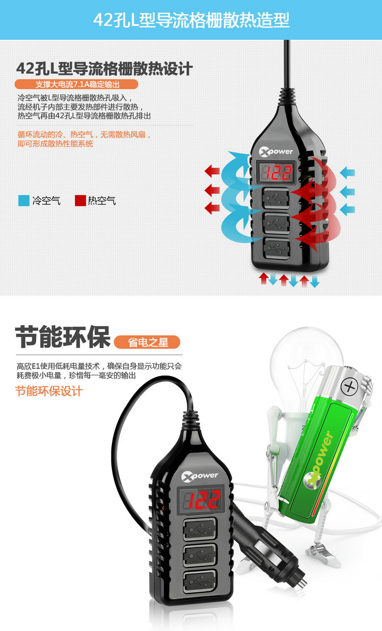 高欣 3USB车载充电器 实时电瓶检测数显 7.1安培输出 1.6米电源线