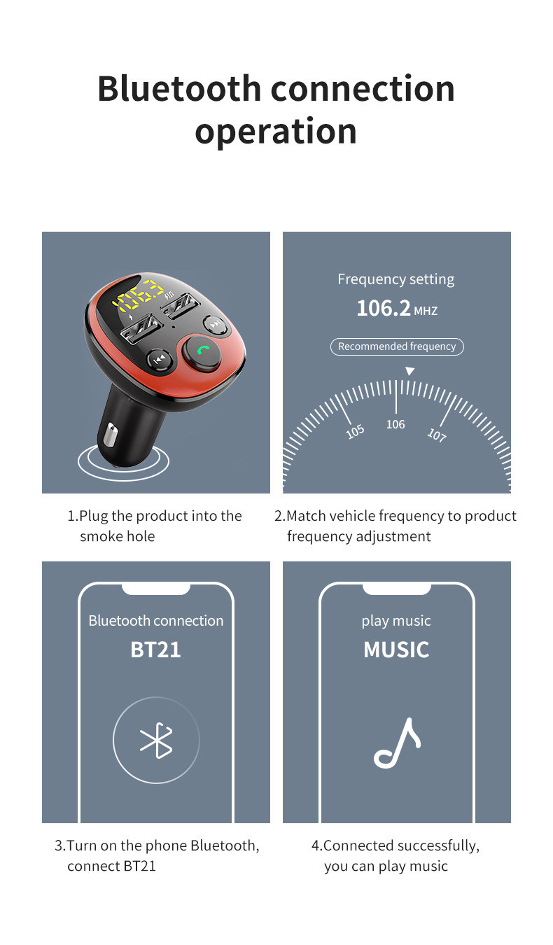 现代 车载蓝牙MP3播放器 音乐车充 蓝牙免提 语音导航 电压检测 双USB Q3.0快速充电
