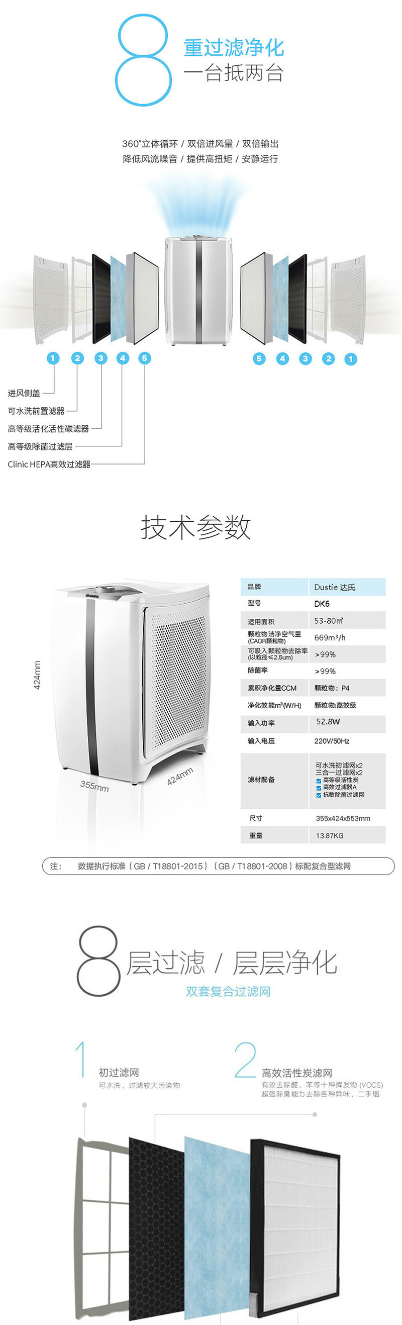 瑞典达氏（Dustie）空气净化器家用除甲醛PM2.5雾霾DK6