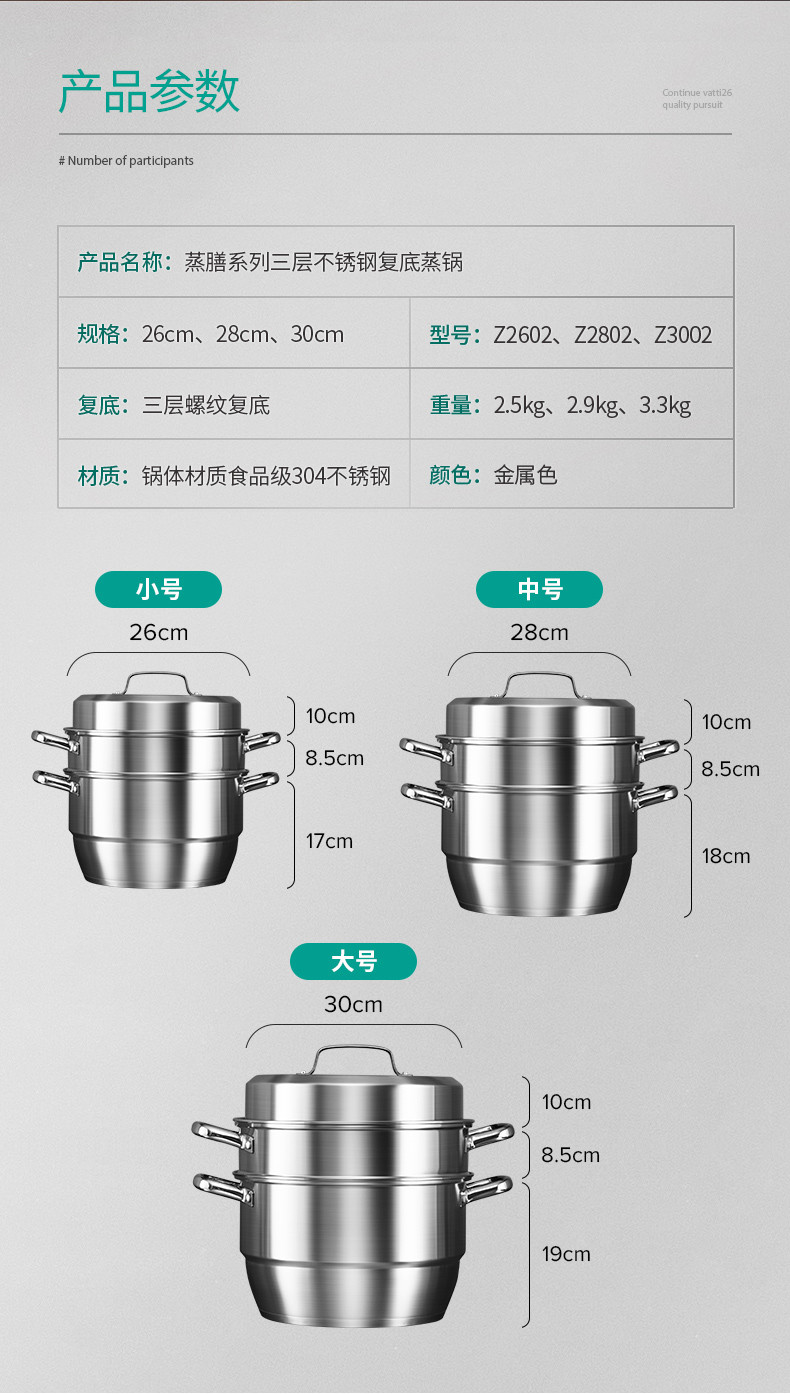 华帝蒸锅 三层30cm大蒸锅 加厚304不锈钢蒸锅 加深汤锅煮锅 蒸馒头包子锅具 煤气电磁炉通用