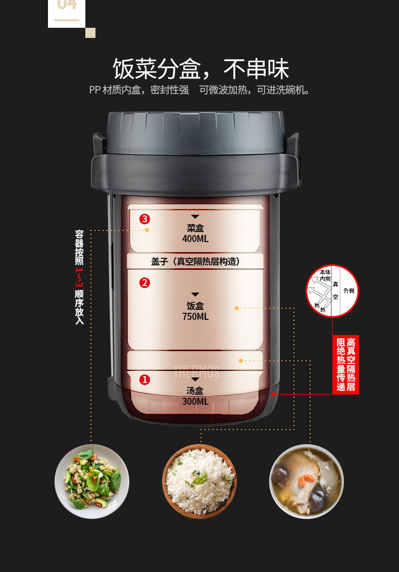 膳魔师/THERMOS  JBG-2000 三层真空不锈钢保温饭盒 1450ml