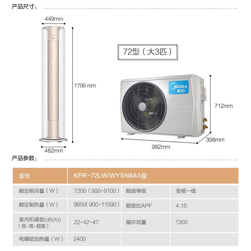 Midea/美的 KFR-72LW/WYSN8A1@ 3匹一级变频无风感立式空调柜机