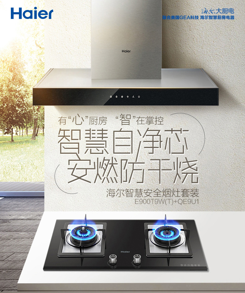 海尔/Haier E900T9W(T)+QE9U1 智能自清洁油烟机燃气灶烟灶套餐