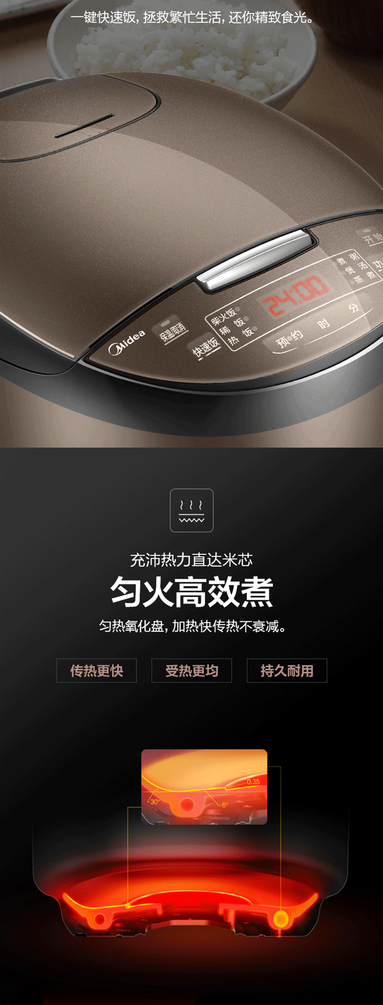 美的/MIDEA 电饭煲FB40simple111 一键快速饭 24小时预约 匠铜聚能釜内胆4L