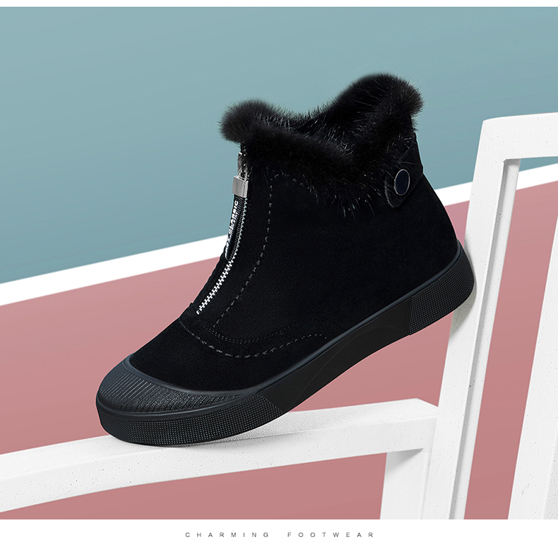 百年纪念 雪地靴女短筒新款冬季加绒保暖棉鞋貂毛短靴黑色前拉链马丁靴