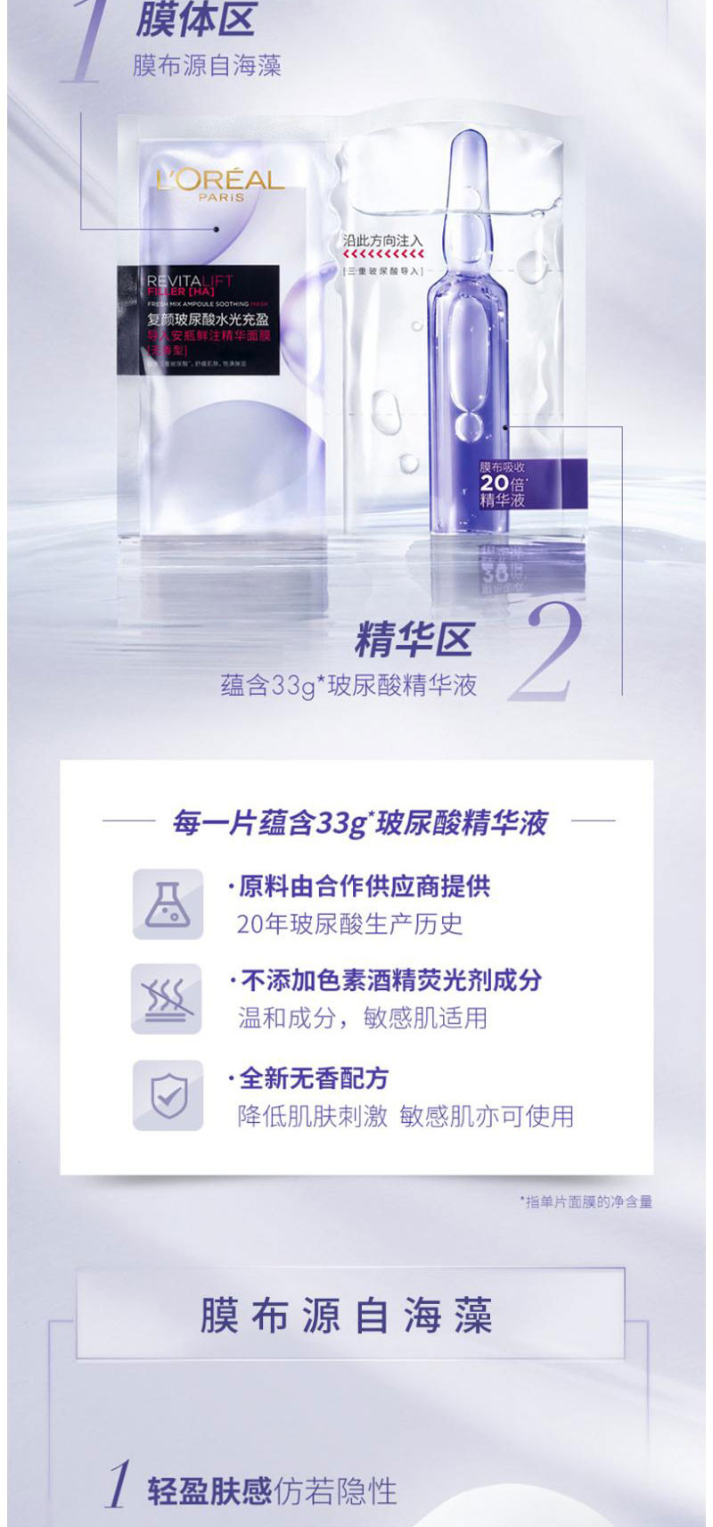 欧莱雅(LOREAL)复颜玻尿酸水光充盈导入安瓶鲜注精华面膜PRO无香型5pc*33G补水淡化细纹