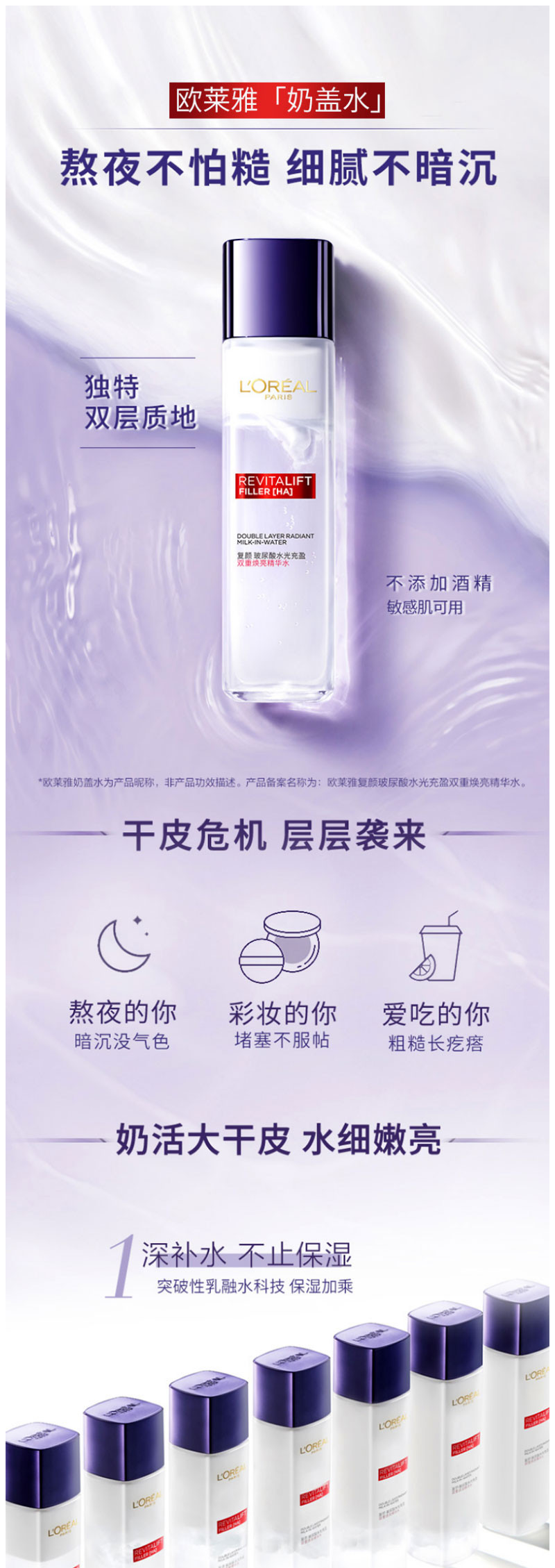 欧莱雅(LOREAL)复颜玻尿酸水光充盈双重焕亮精华水130ml奶盖水爽肤水柔肤水化妆水补水保湿生日