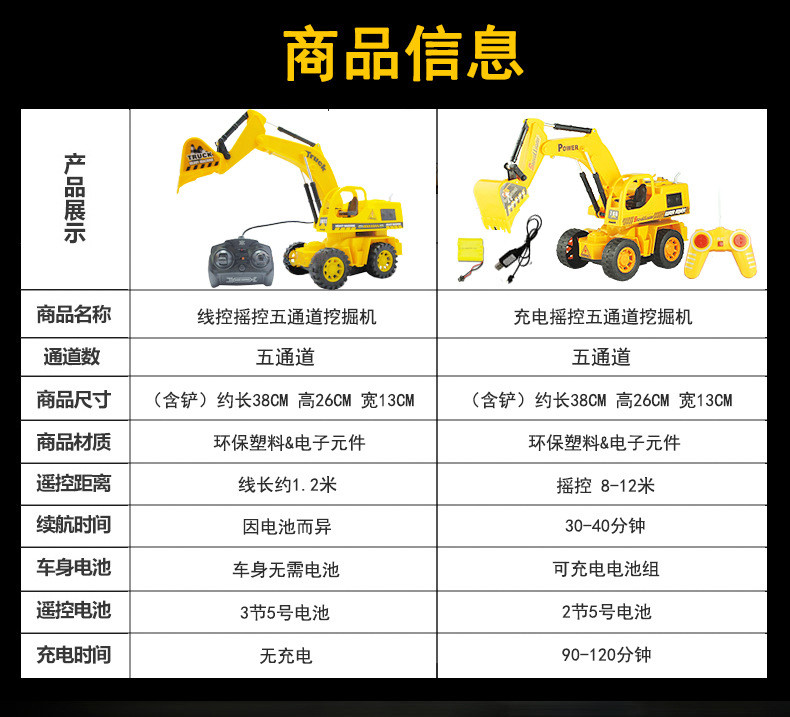 挖掘机 儿童塑料工程车玩具   男孩线遥控车 挖土机