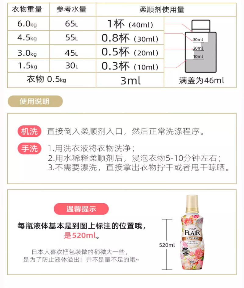 花王/KAO 衣物柔顺剂防静电护理剂520ml