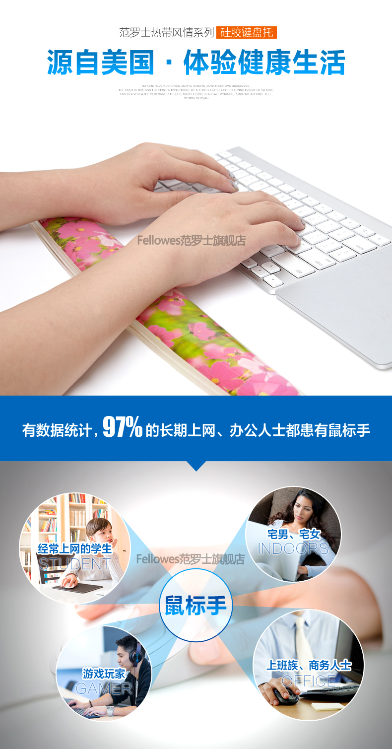 【邮掌柜】范罗士/Fellowes 台湾生产医用硅胶键盘腕托 键盘手枕 护腕 91794