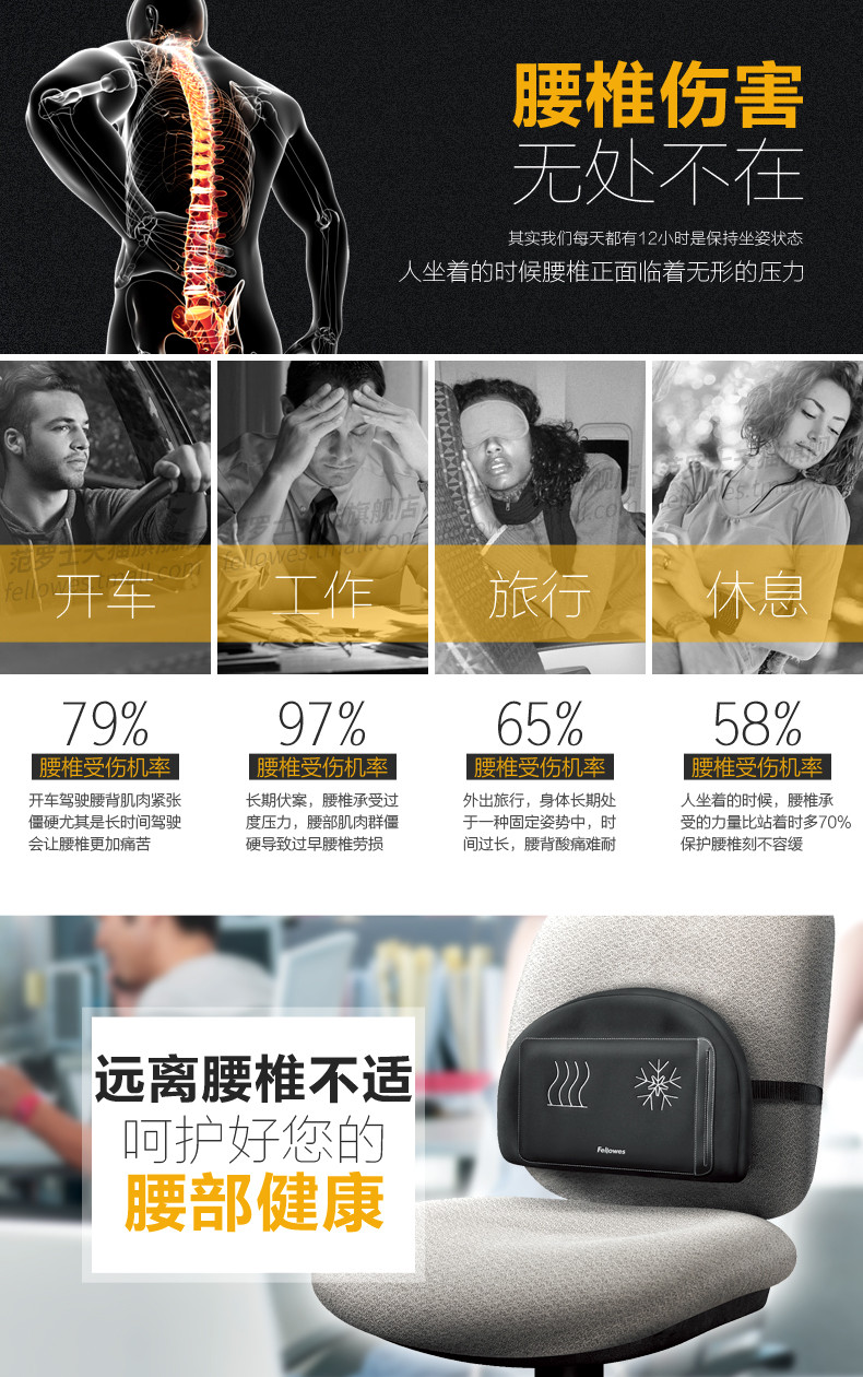 范罗士/Fellowes 发热腰靠 加热暖腰护腰 办公家用腰枕靠垫