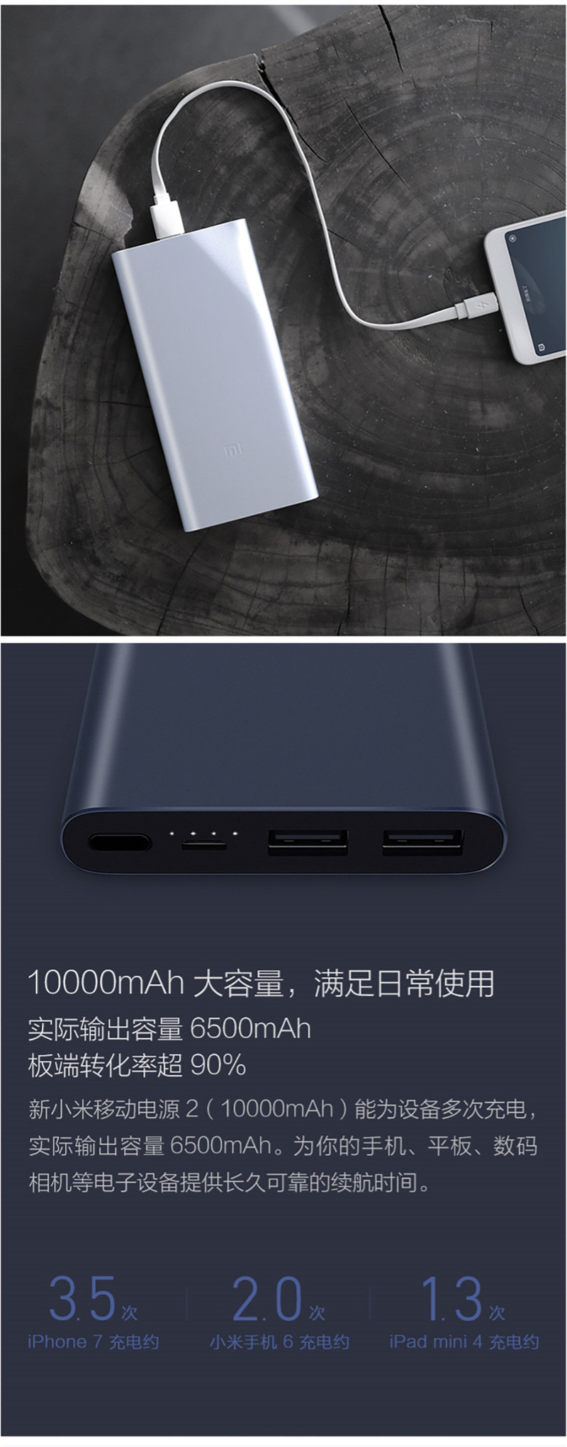 新小米(MI) 10000毫安 2代移动电源 充电宝 双向快充 超薄小巧便携