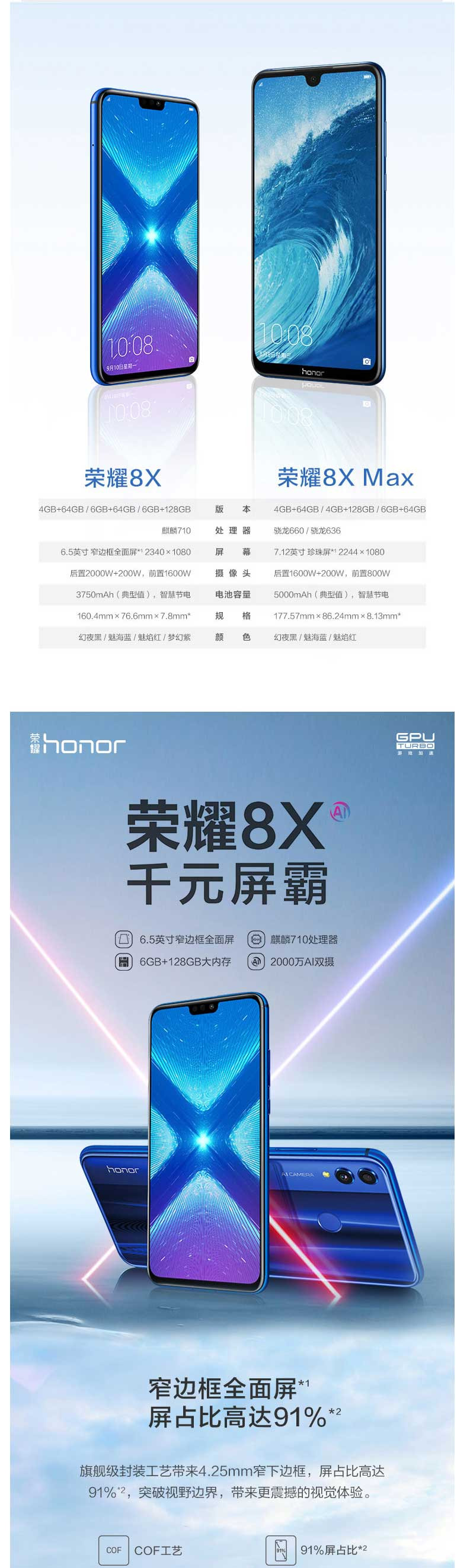 华为/HUAWEI 荣耀8X 6+64GB 全网通手机 黑色 蓝色