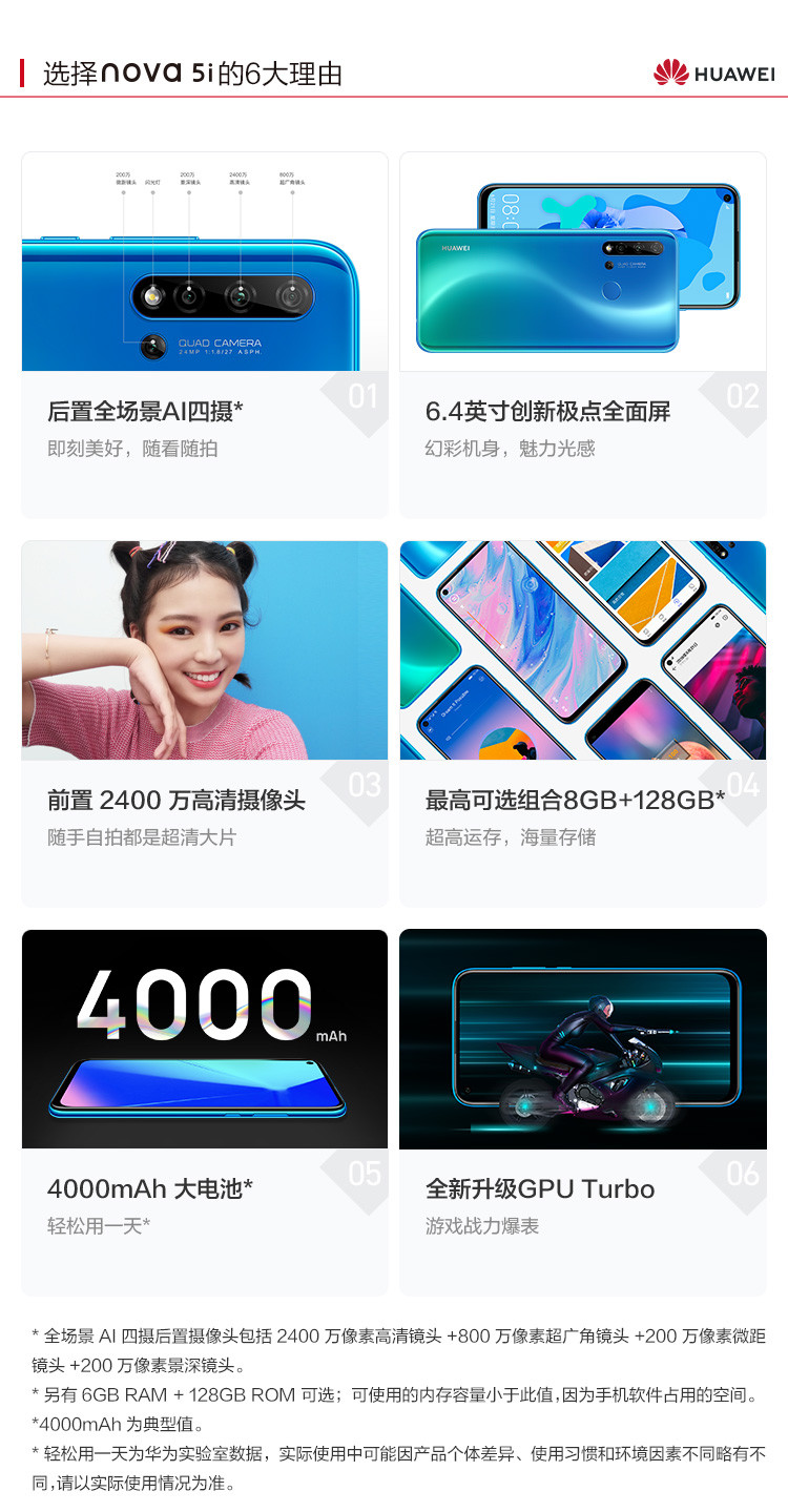 华为新品/HUAWEI nova5i 手机 6+128GB 后置AI四摄 极点全面屏全网通双卡双待