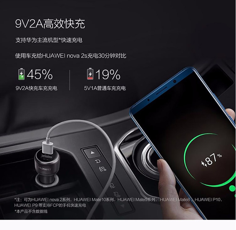 华为/HUAWEI 华为原装车载充电器CP31 快充 一拖二双USB 黑色 9V2A快充版