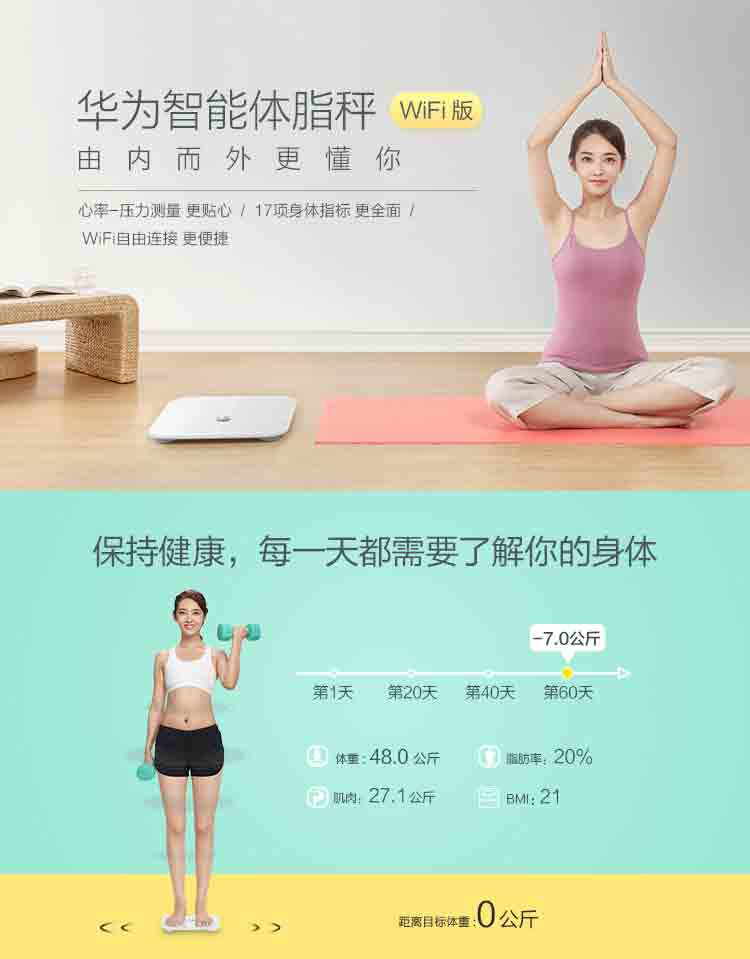 华为/HUAWEI 智能体脂秤wifi版 体重秤脂肪秤家用健康秤电子秤 led显示健身运动 CH19