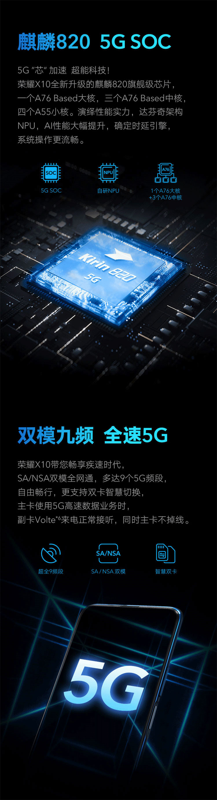 荣耀X10 5G双模 6+128GB 麒麟820 4300mAh续航4000万高感