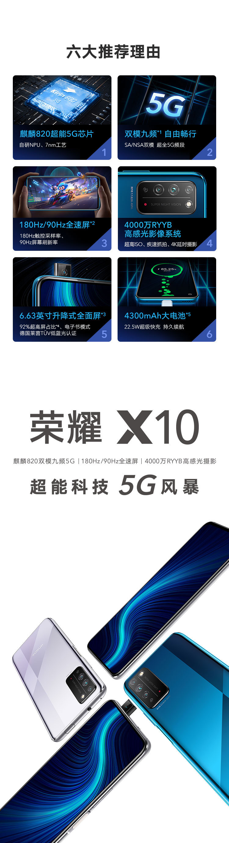 荣耀X10 5G双模 6+128GB 麒麟820 4300mAh续航4000万高感