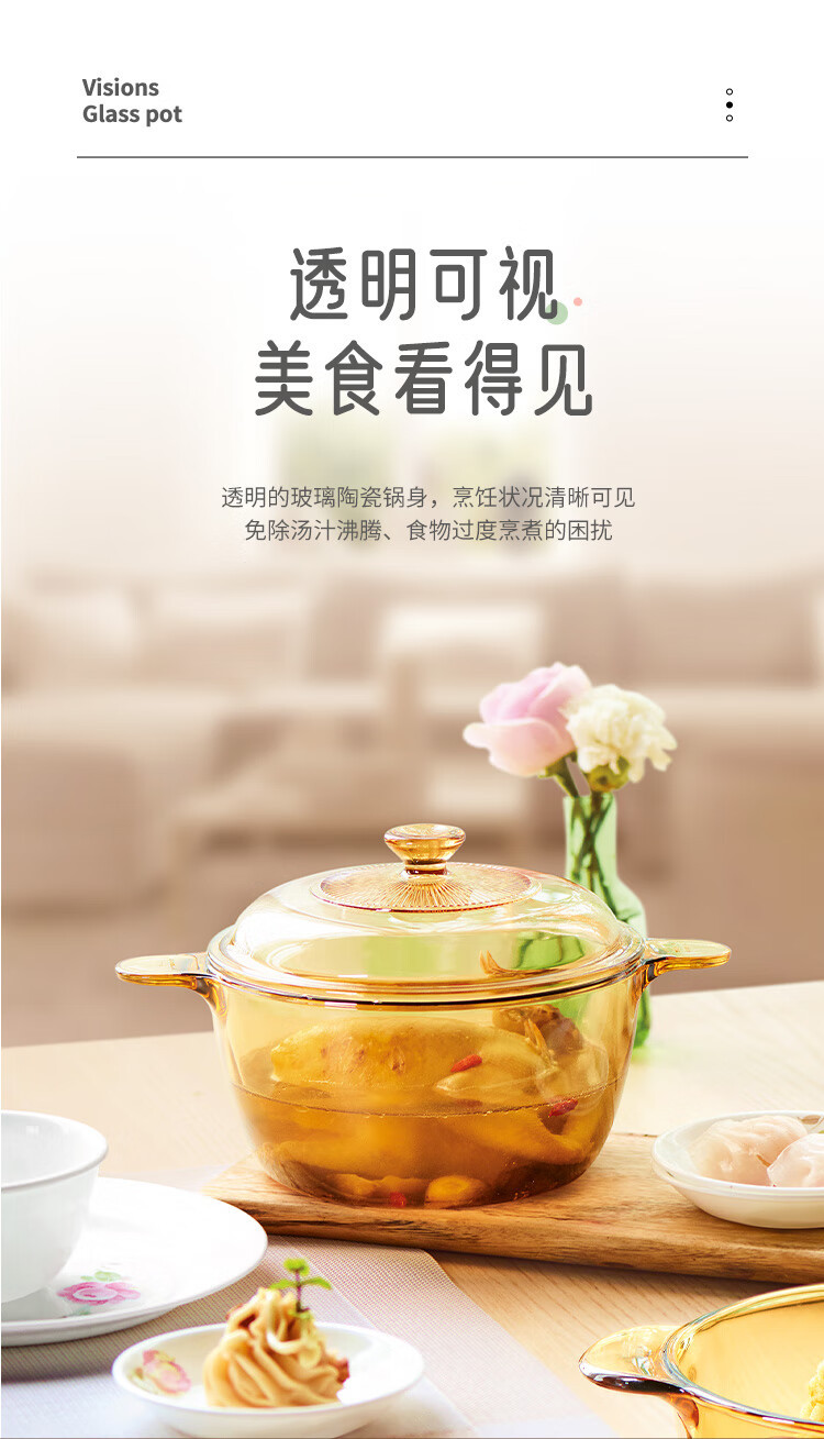 Corelle Brands康宁 2.5L晶彩锅 玻璃煲汤锅 双耳晶彩透明高汤锅火锅煲锅