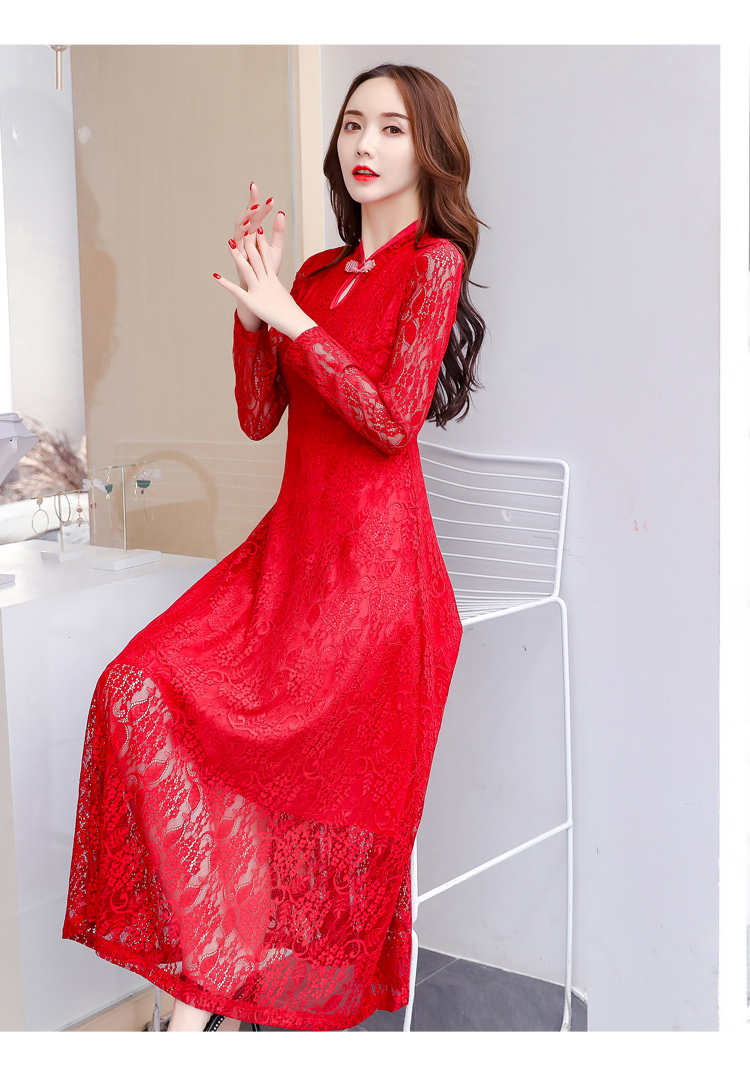施悦名2018秋季长袖气质雷丝连衣裙女新款蕾丝红色大摆裙收腰长裙