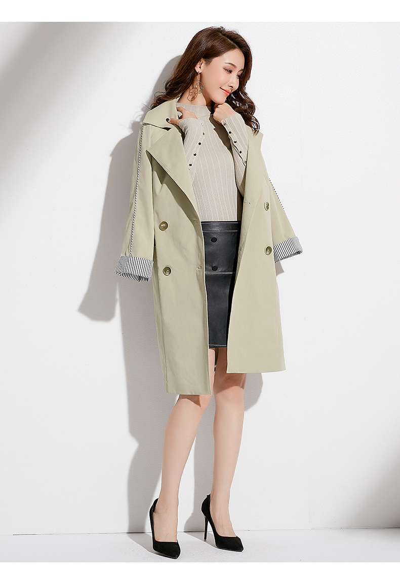 施悦名2018秋季新款品牌女装韩版西装领双排扣女式外套系带中长款风衣女