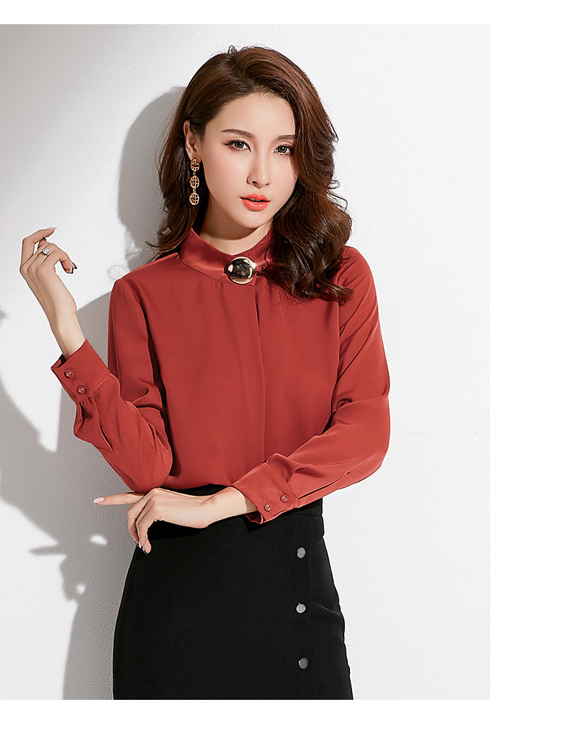 施悦名2018秋季新款品牌女装韩版时尚直筒套头OL优雅立领长袖衬衫女