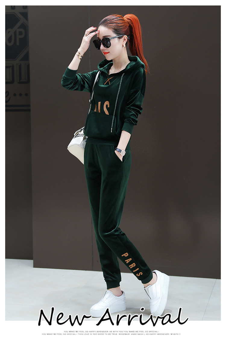施悦名运动套装女新款韩版时尚连帽卫衣休闲长裤金丝绒两件套