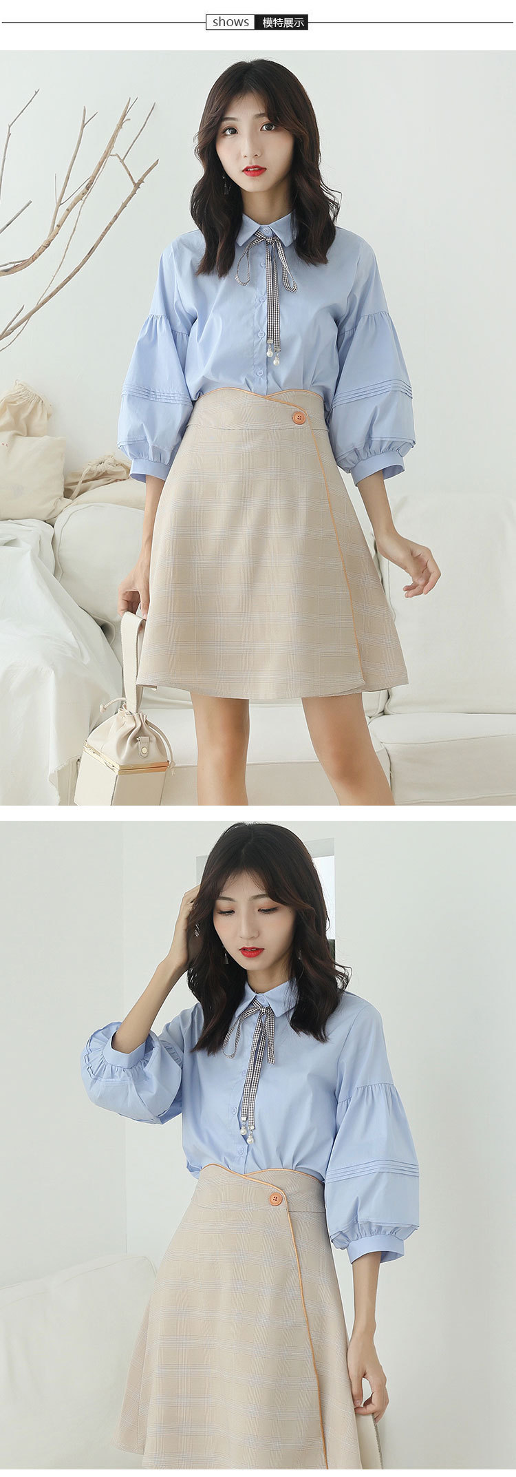 施悦名2018秋新品韩国女装系带纯色宽松九分袖女式衬衫女潮