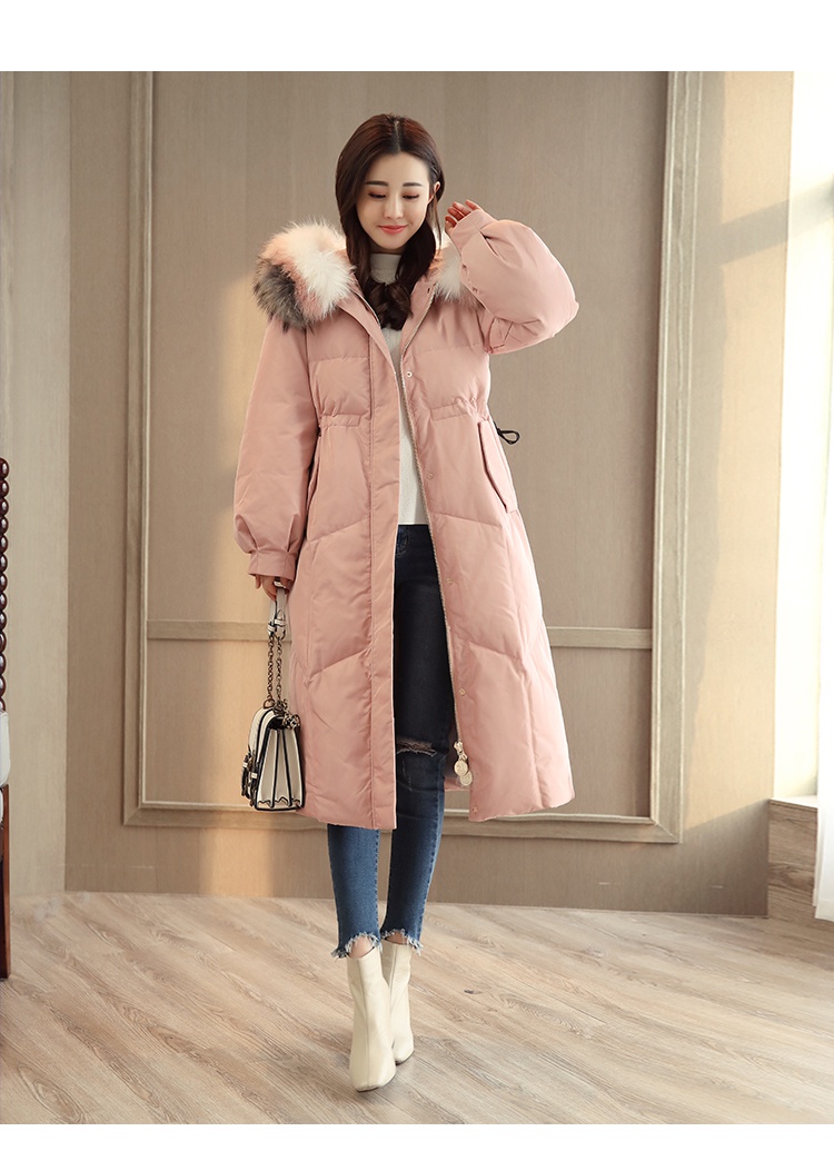 施悦名中长款韩版女装2018冬季新款加厚羽绒棉服大毛领棉袄过膝粉色棉衣