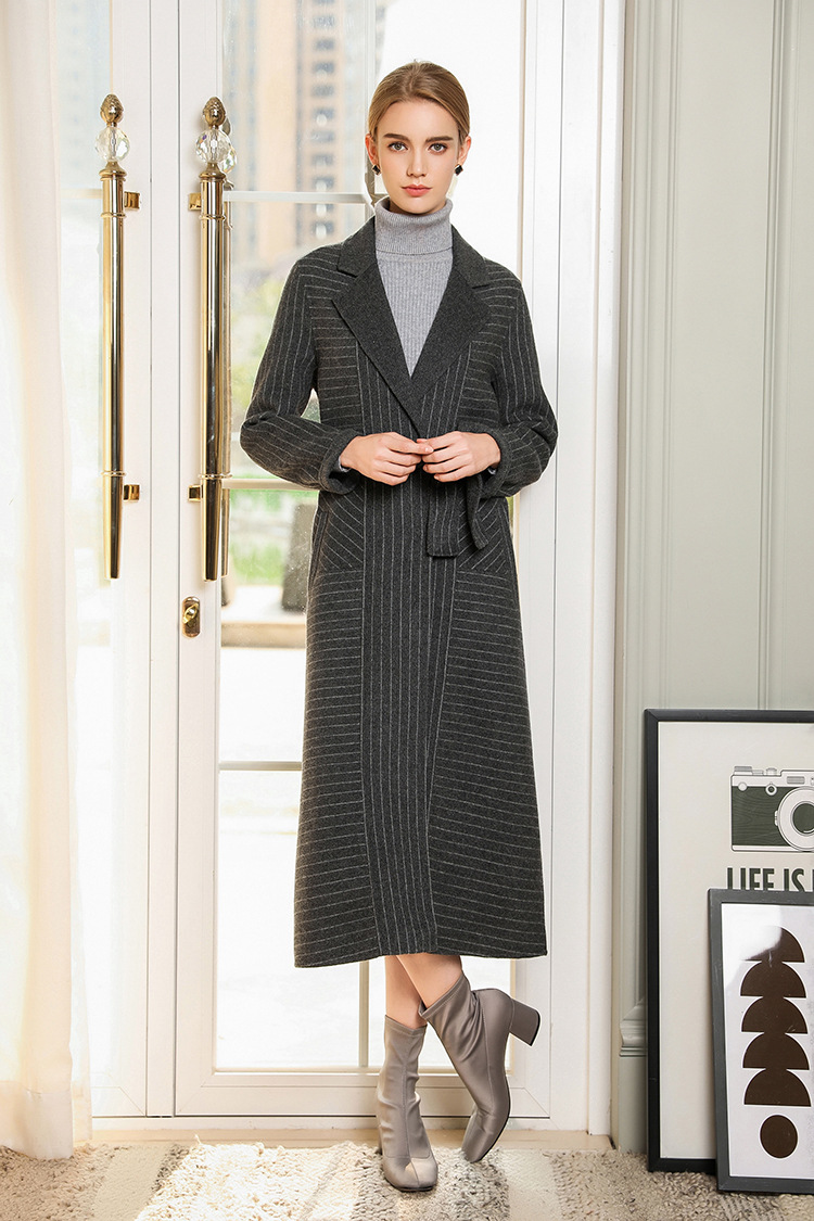 施悦名2018年正品秋冬季新款女士中长款条纹显瘦系腰带双面羊毛大衣