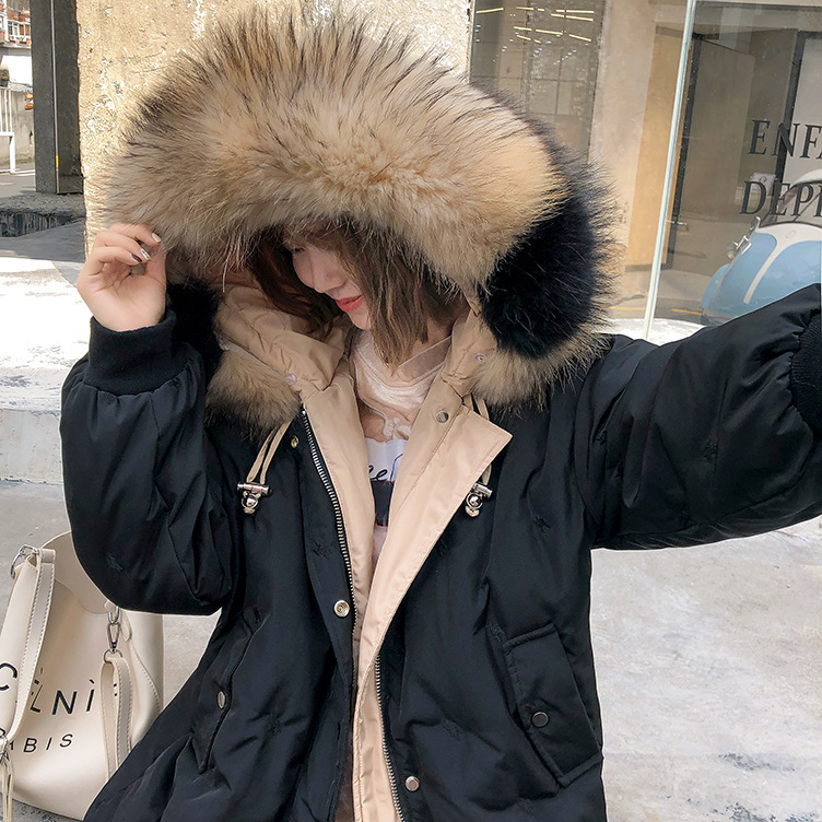 施悦名羽绒服女2018冬季新款中长款韩版连帽外套时尚宽松真貉子大毛领