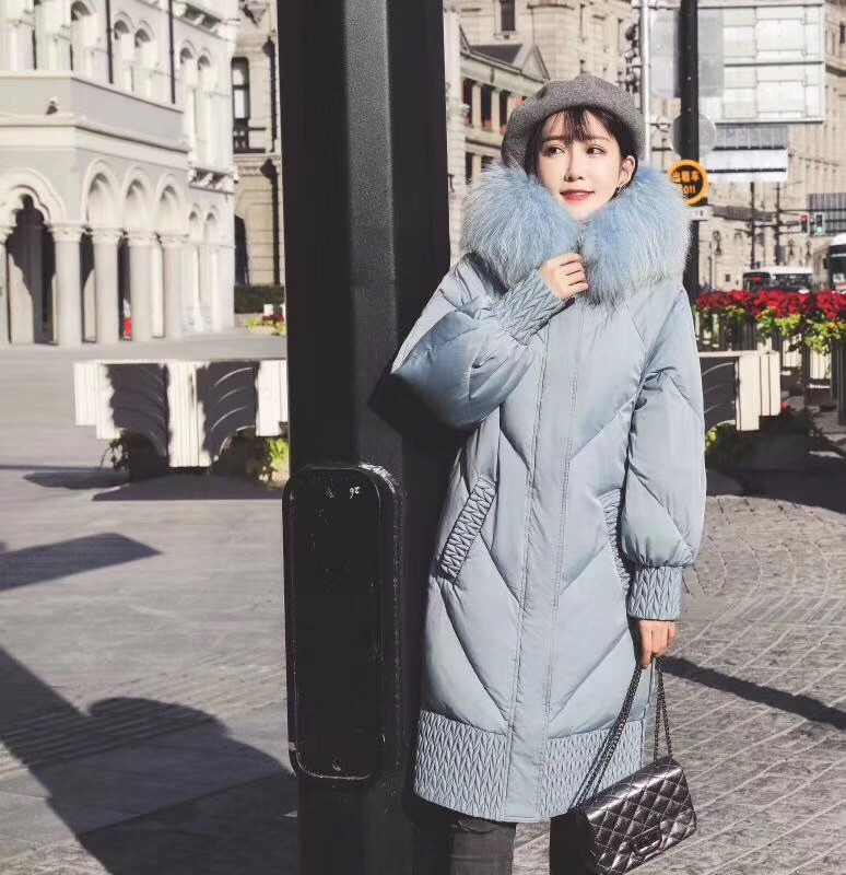 洋湖轩榭 2018冬装新款欧美气质貉子大毛领中长款羽绒服保暖外套女装
