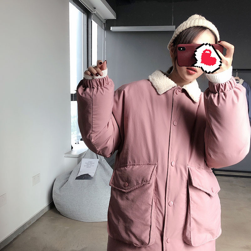 施悦名2018冬季新款韩版女装纯色翻领羊羔毛棉服中长款棉衣面包服潮