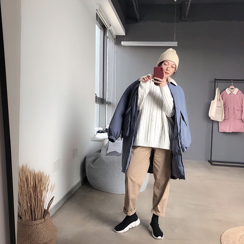 施悦名2018冬季新款韩版女装纯色翻领羊羔毛棉服中长款棉衣面包服潮
