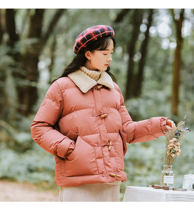 洋湖轩榭 棉服女2019冬季新款韩版羊羔毛翻领加厚保暖面包服女外套