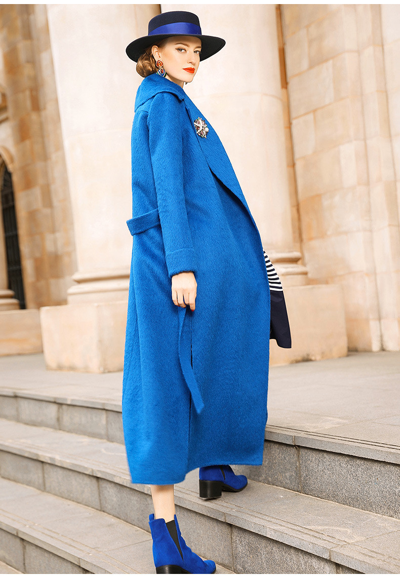 洋湖轩榭 2018冬季新款时尚蓝色系带保暖宽松长款过膝羊毛大衣外套女