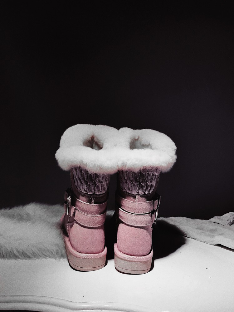 洋湖轩榭2019粉色雪地靴舒适百搭休闲冬季加厚绒保暖厚底防滑真皮中筒靴女靴子