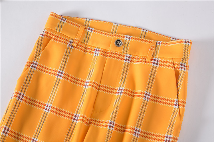 洋湖轩榭 欧洲站早春时尚新款格子黄色小西装外套 修身显瘦长裤两件套A
