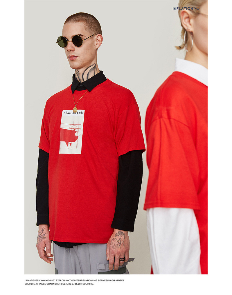 洋湖轩榭 2019年春夏新款潮牌抽象猪年纪念款印花男式休闲短袖T恤A