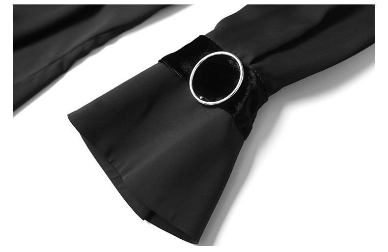 施悦名2019春季新款女装欧美时尚黑色衬衫气质喇叭长袖飘带套头上衣