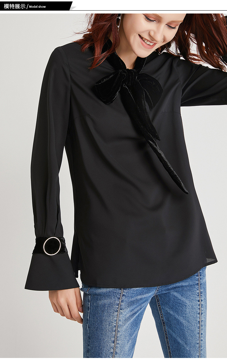 施悦名2019春季新款女装欧美时尚黑色衬衫气质喇叭长袖飘带套头上衣